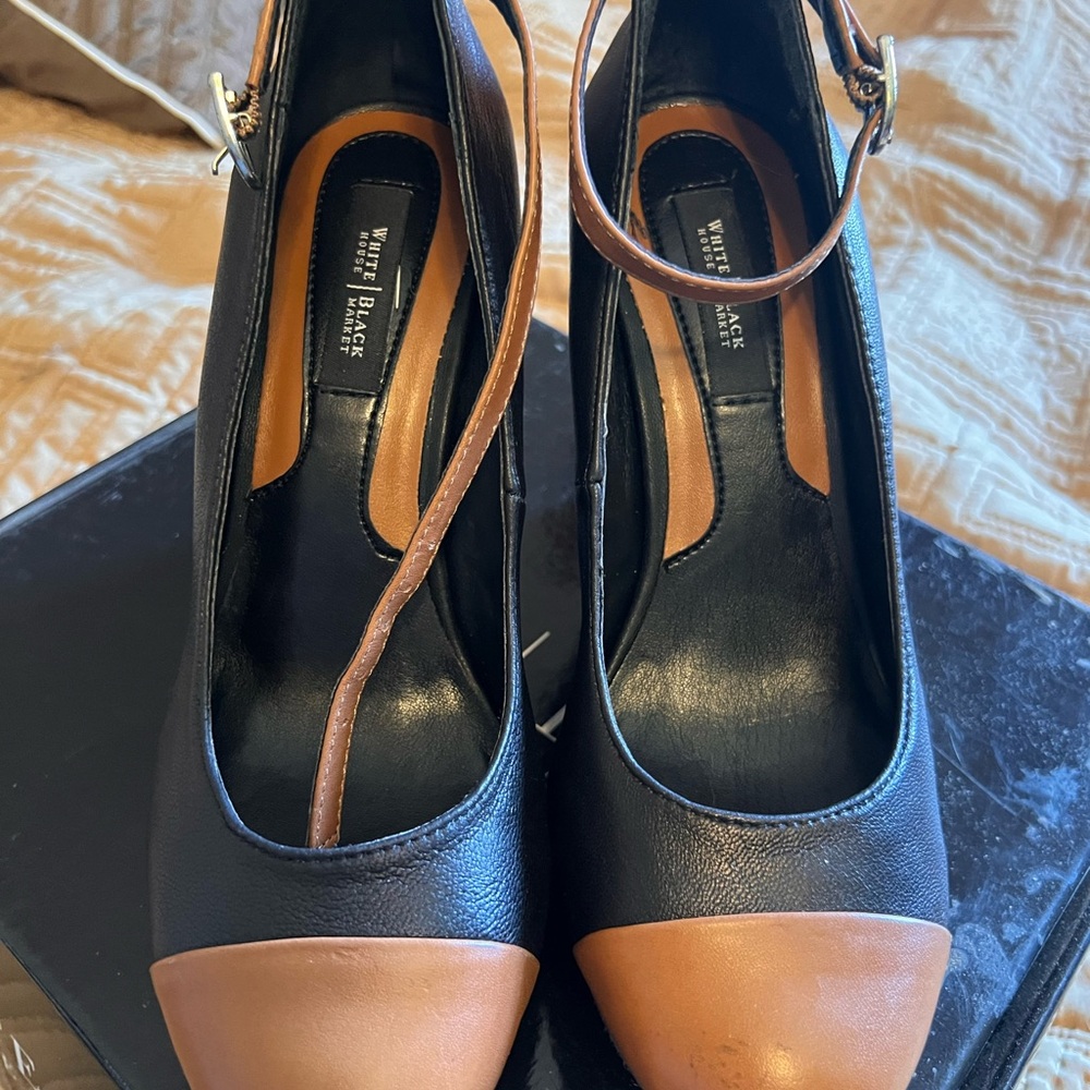 White House Black Market Black and Tan Wedge Heels